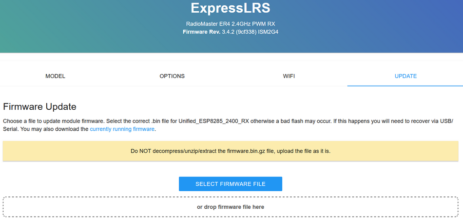 Page récepteur ELRS